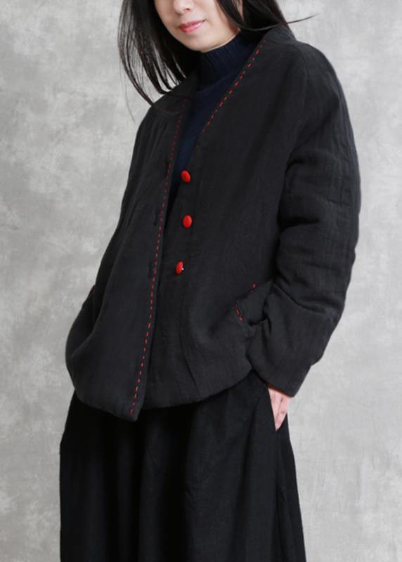 Natural black Fashion trench coat Gifts v neck thick fall jackets - SooLinen