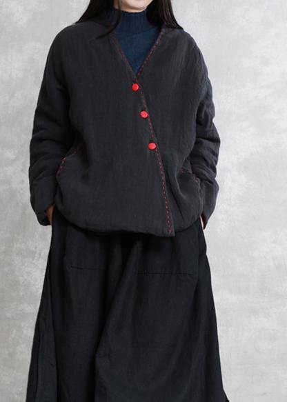 Natural black Fashion trench coat Gifts v neck thick fall jackets - SooLinen