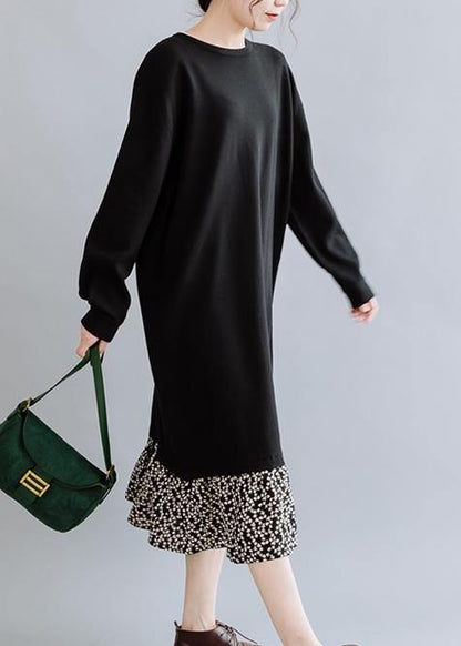 Natural black dresses o neck asymmetric false two pieces Dresses fall Dress - SooLinen