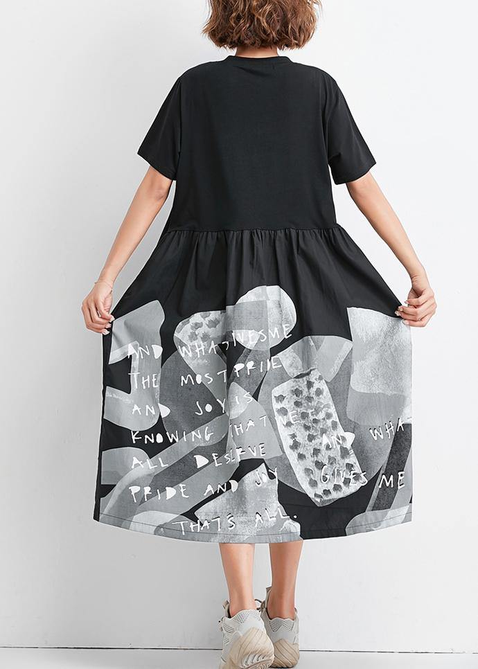 Natural black patchwork Cotton clothes Women big pockets oversized summer Dress - SooLinen