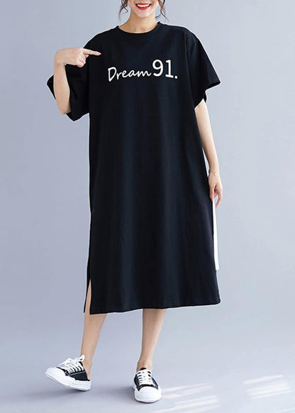 Natural black patchwork cotton quilting clothes side open long summer Dress - SooLinen