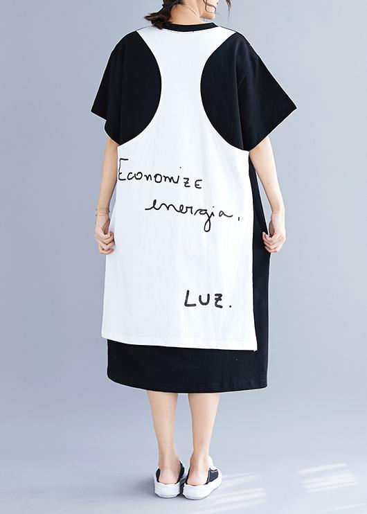 Natural black patchwork cotton quilting clothes side open long summer Dress - SooLinen