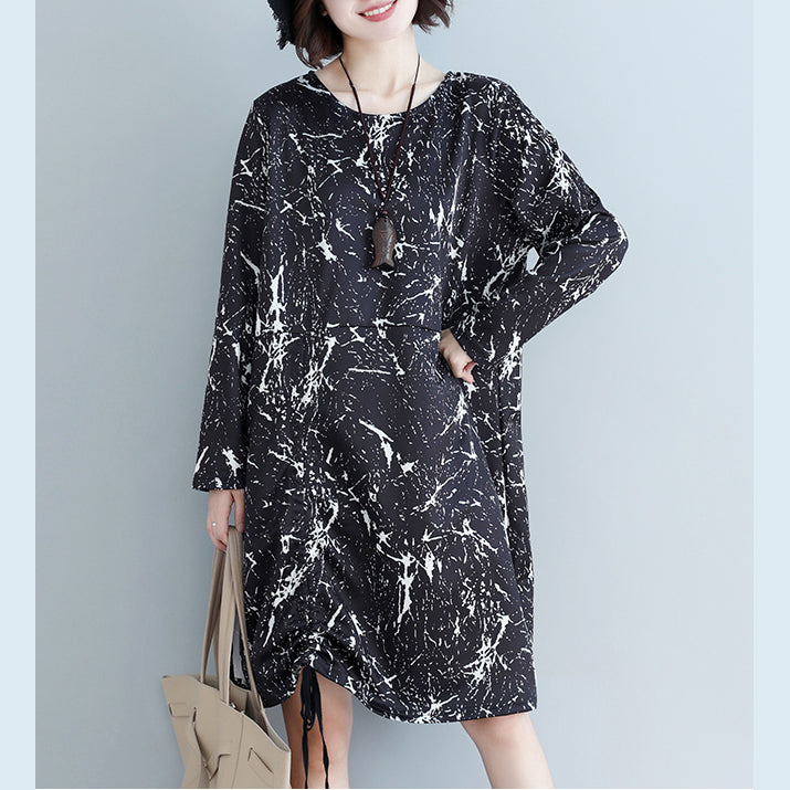 Natural black print Cotton dress 2025 Shape side open baggy Dress