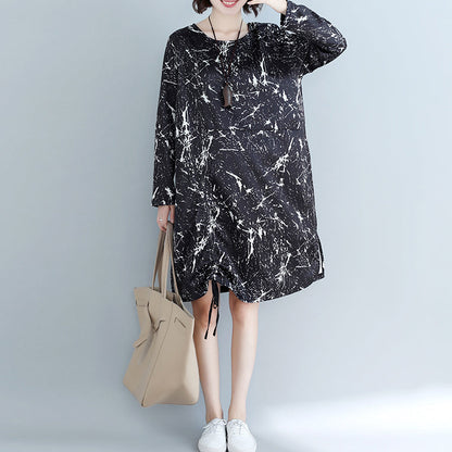 Natural black print Cotton dress 2025 Shape side open baggy Dress