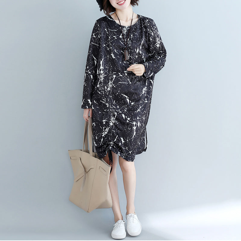 Natural black print Cotton dress 2025 Shape side open baggy Dress