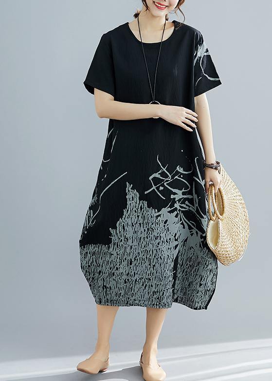 Natural black print cotton clothes For Women plus size Shape o neck Dresses Summer Dress - SooLinen