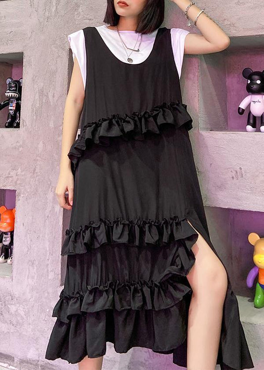 Natural black sleeveless cotton quilting dresses ruffles Art summer side open Dress - SooLinen