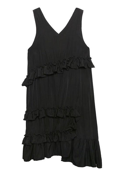 Natural black sleeveless cotton quilting dresses ruffles Art summer side open Dress - SooLinen