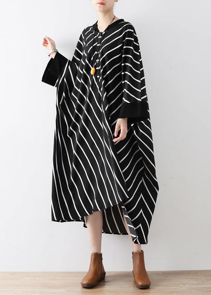 Natural black striped tunics for women v neck asymmetric loose Dress - SooLinen