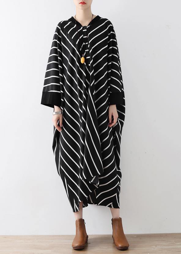 Natural black striped tunics for women v neck asymmetric loose Dress - SooLinen