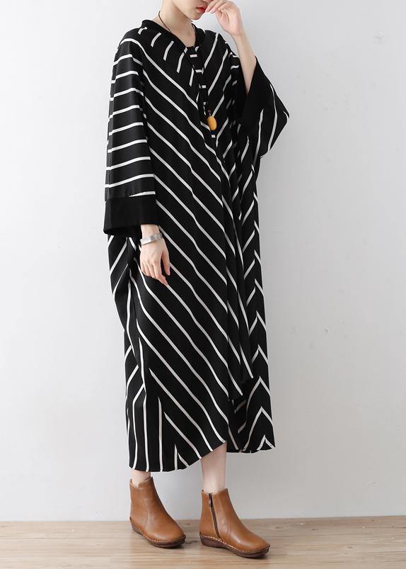Natural black striped tunics for women v neck asymmetric loose Dress - SooLinen