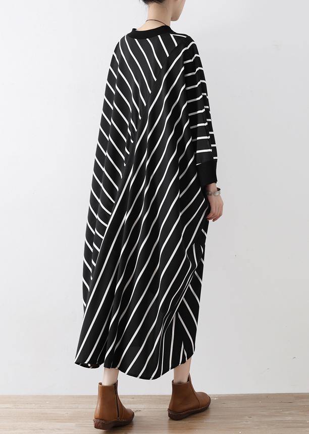 Natural black striped tunics for women v neck asymmetric loose Dress - SooLinen