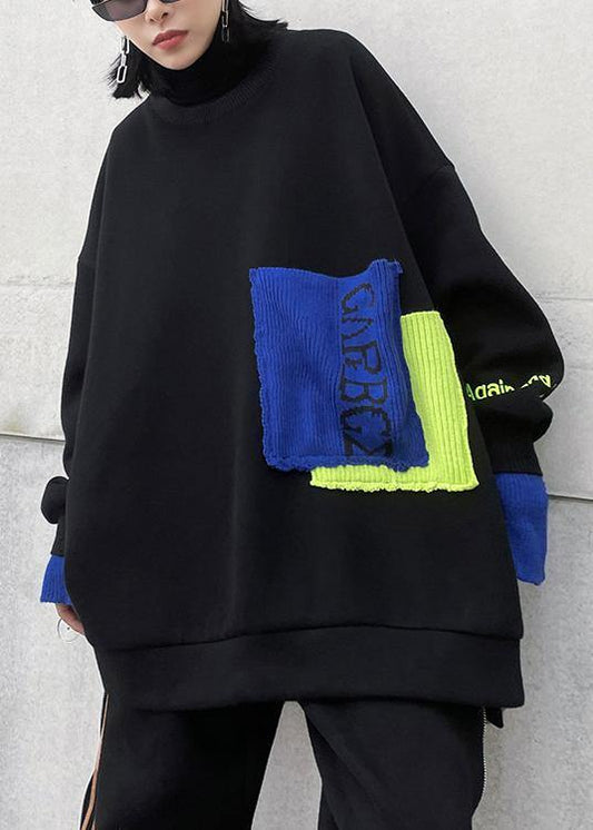 Natural black tunic top Neckline o neck patchwork tops - SooLinen