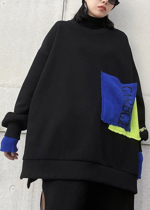 Natural black tunic top Neckline o neck patchwork tops - SooLinen