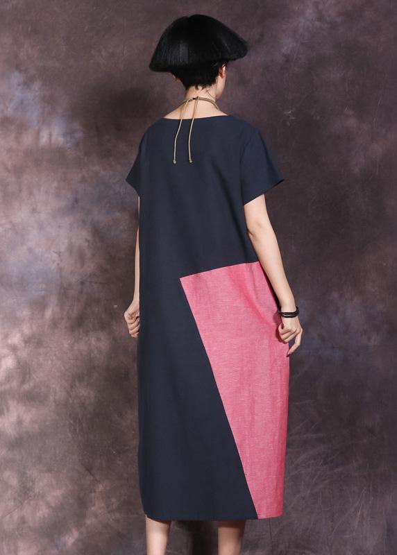 Natural blue o neck linen outfit patchwork color Maxi summer Dresses - SooLinen