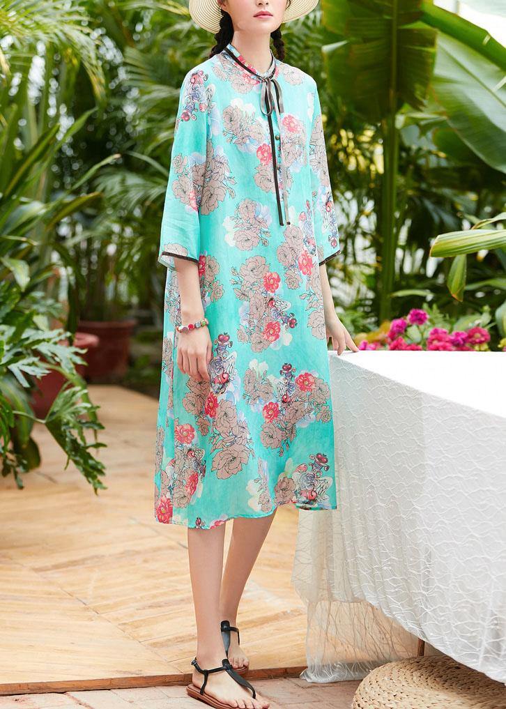 Natural blue print linen Long Shirts stand collar patchwork baggy summer Dress - SooLinen