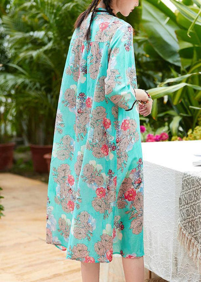 Natural blue print linen Long Shirts stand collar patchwork baggy summer Dress - SooLinen