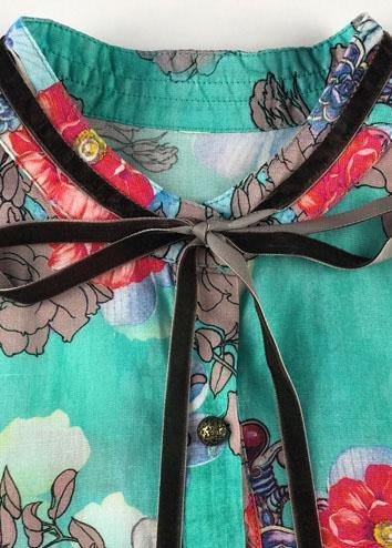 Natural blue print linen Long Shirts stand collar patchwork baggy summer Dress - SooLinen