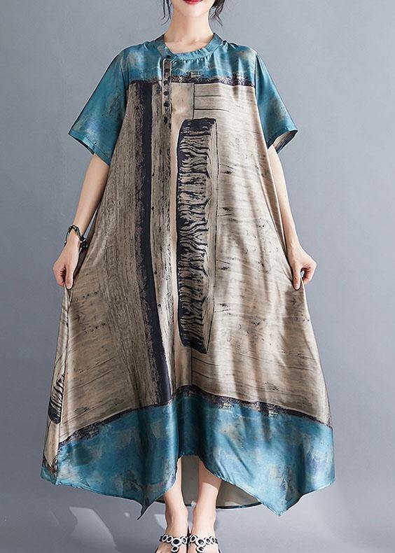 Natural blue prints chiffon tunic top stand collar Dresses summer Dress - SooLinen