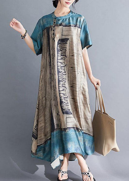 Natural blue prints chiffon tunic top stand collar Dresses summer Dress - SooLinen