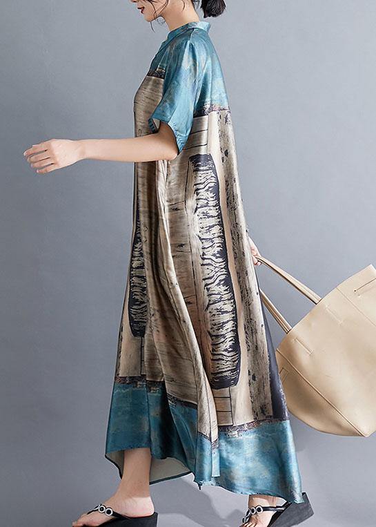 Natural blue prints chiffon tunic top stand collar Dresses summer Dress - SooLinen