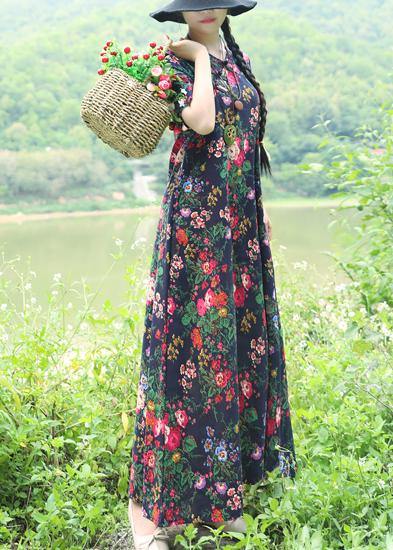 Natural blue prints linen dresses Chinese Button Robe summer Dress - SooLinen