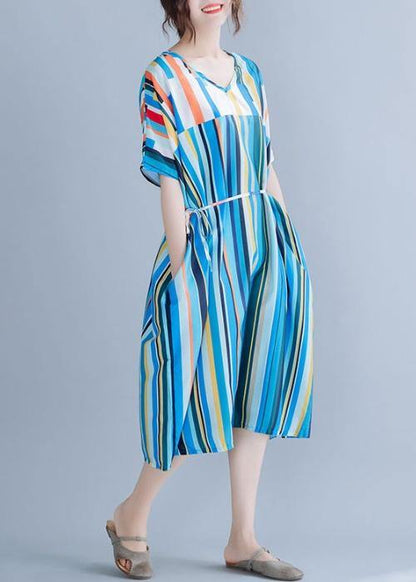 Natural blue striped chiffon dress long plus size Online Shopping v neck patchwork Summer Dress - SooLinen