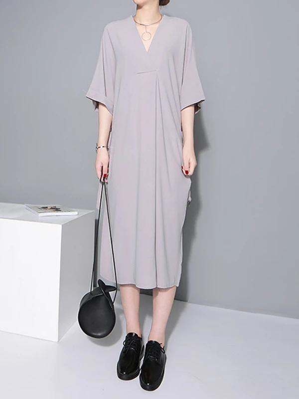 Natural gray cotton quilting clothes v neck tie waist loose Dresses - SooLinen