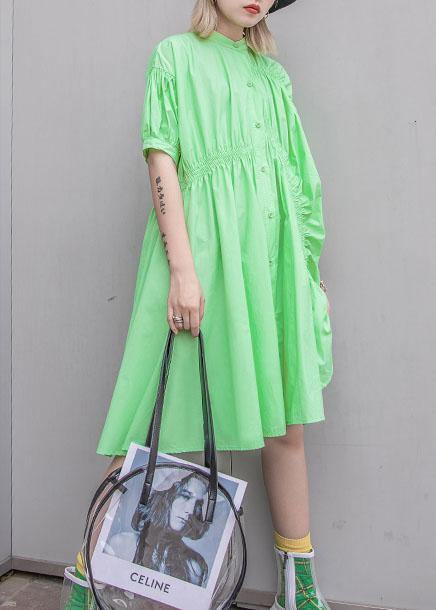 Natural green Cotton quilting clothes Cinched Midi summer shirt Dresses - SooLinen
