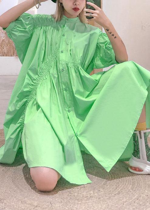 Natural green Cotton quilting clothes Cinched Midi summer shirt Dresses - SooLinen