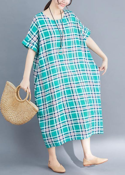 Natural green cotton clothes 2019 Sleeve plaid Plus Size Clothing summer Dress - SooLinen