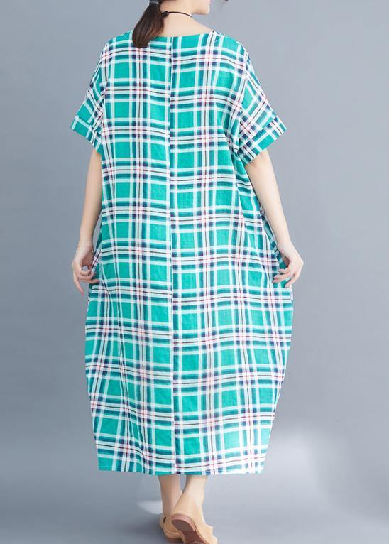 Natural green cotton clothes 2019 Sleeve plaid Plus Size Clothing summer Dress - SooLinen