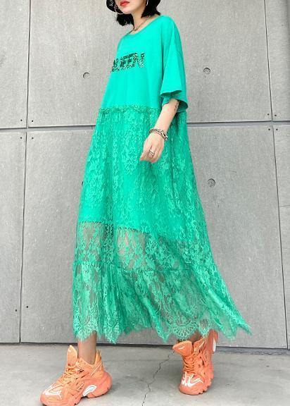 Natural green cotton clothes Women o neck patchwork lace Maxi Dresses - SooLinen