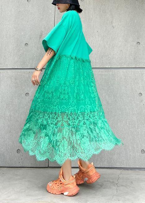 Natural green cotton clothes Women o neck patchwork lace Maxi Dresses - SooLinen