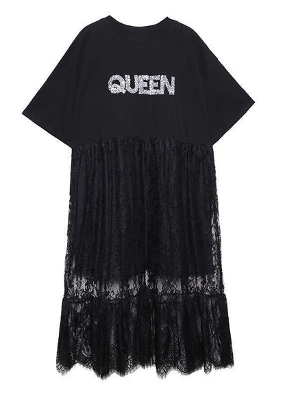 Natural green cotton clothes Women o neck patchwork lace Maxi Dresses - SooLinen