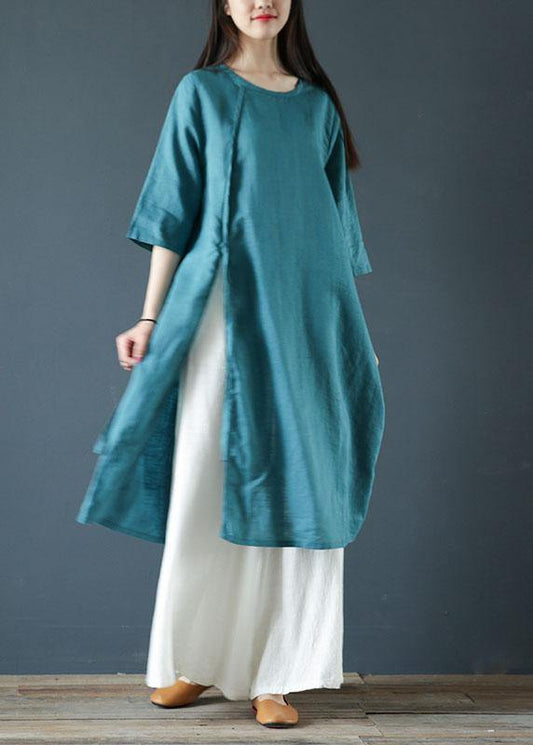 Natural green linen dresses o neck side open cotton Dress - SooLinen