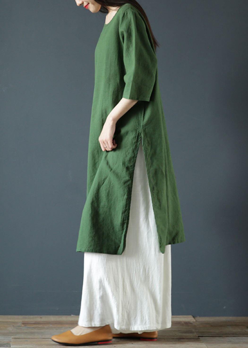 Natural green linen dresses o neck side open cotton Dress - SooLinen