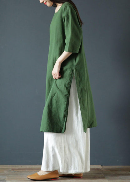 Natural green linen dresses o neck side open cotton Dress - SooLinen