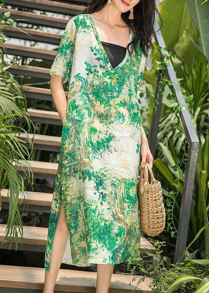 Natural green print linen Wardrobes v neck side open Maxi summer Dresses - SooLinen