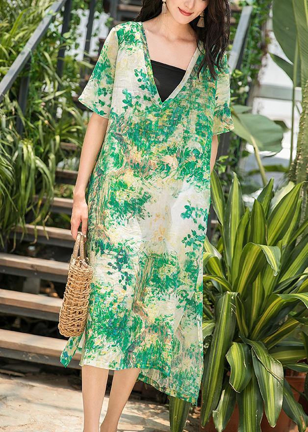 Natural green print linen Wardrobes v neck side open Maxi summer Dresses - SooLinen