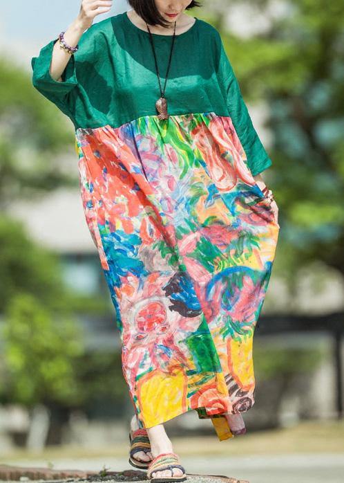 Natural green print linen clothes For Women o neck patchwork Kaftan summer Dress - SooLinen