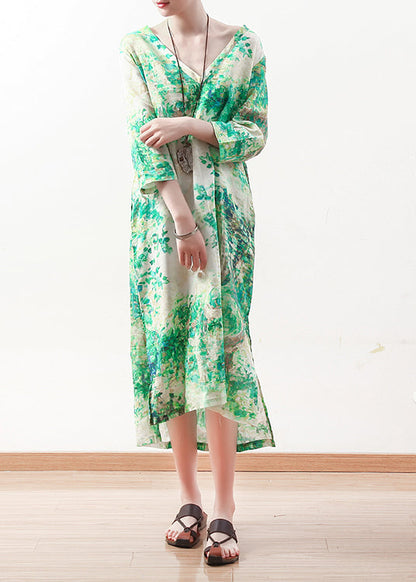 Natural green prints linen clothes Women Outfits v neck Maxi summer Dress