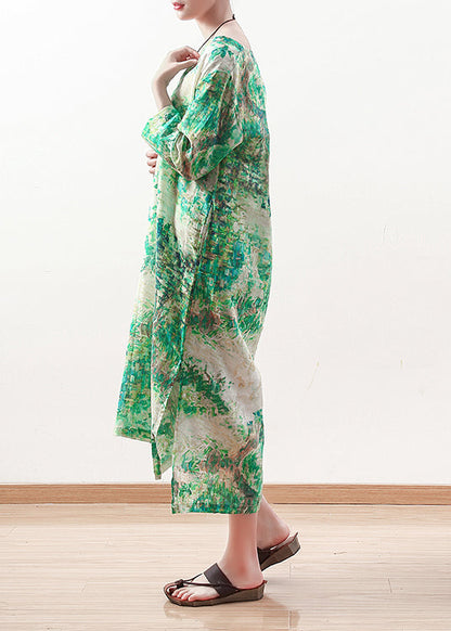Natural green prints linen clothes Women Outfits v neck Maxi summer Dress