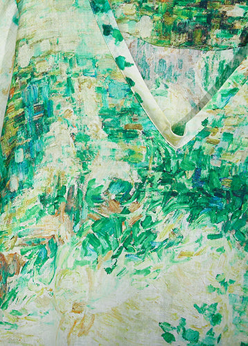 Natural green prints linen clothes Women Outfits v neck Maxi summer Dress