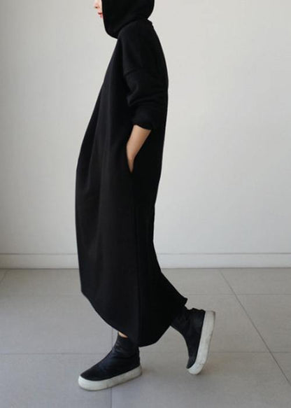 Natural hooded Batwing Sleeve cotton Tunics Runway black long Dresses - SooLinen