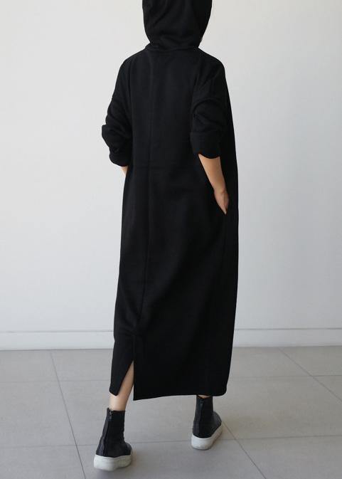 Natural hooded Batwing Sleeve cotton Tunics Runway black long Dresses - SooLinen