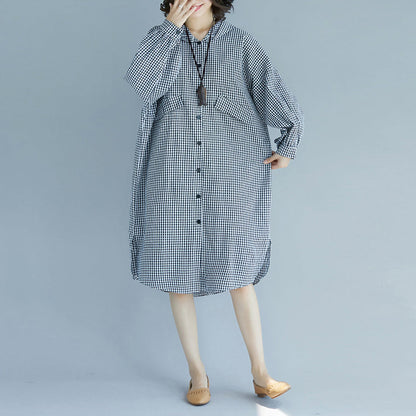 Natural hooded Cotton Tunics plus size design black white Plaid baggy Dress