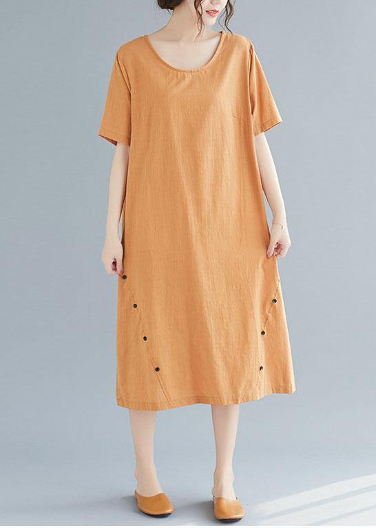 Natural khaki o neck cotton linen dresses Button decorated summer Dress - SooLinen