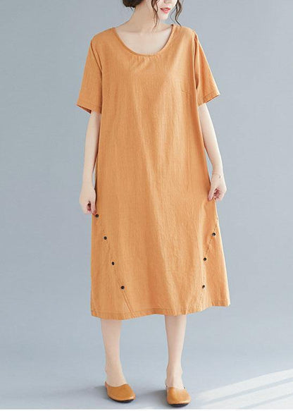 Natural khaki o neck cotton linen dresses Button decorated summer Dress - SooLinen