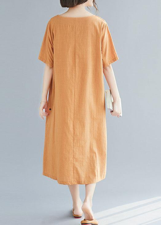 Natural khaki o neck cotton linen dresses Button decorated summer Dress - SooLinen